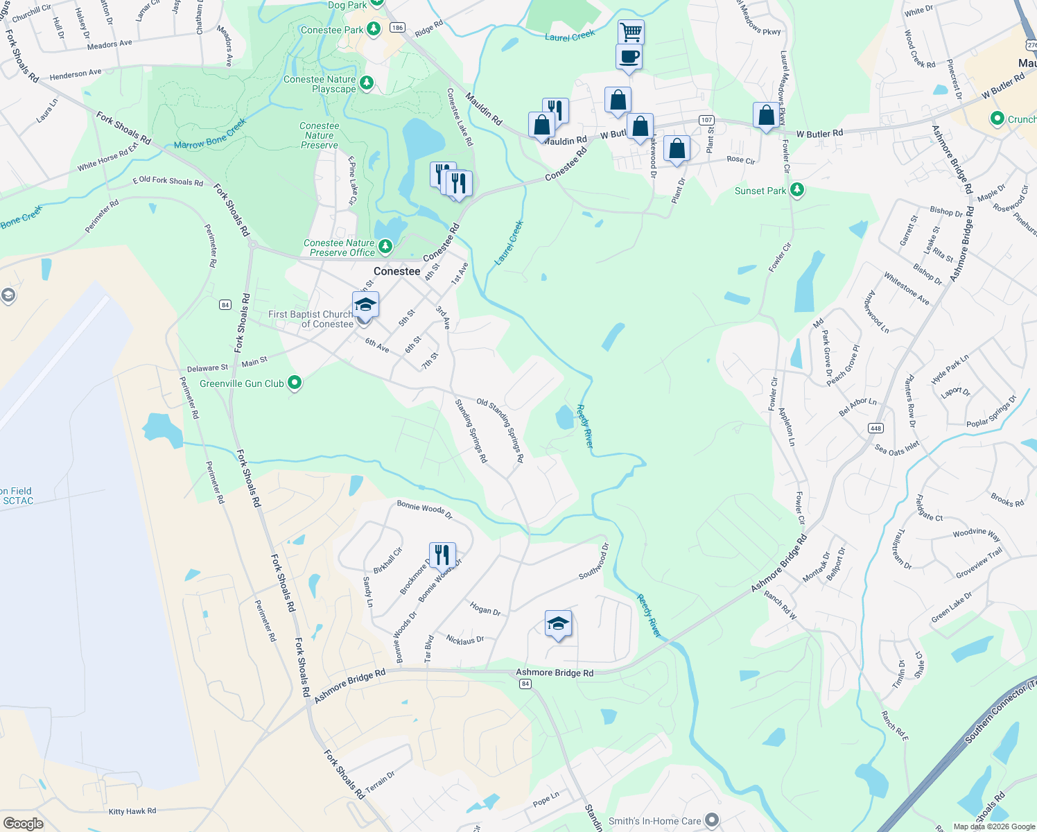 map of restaurants, bars, coffee shops, grocery stores, and more near 8 River Meadows Court in Greenville