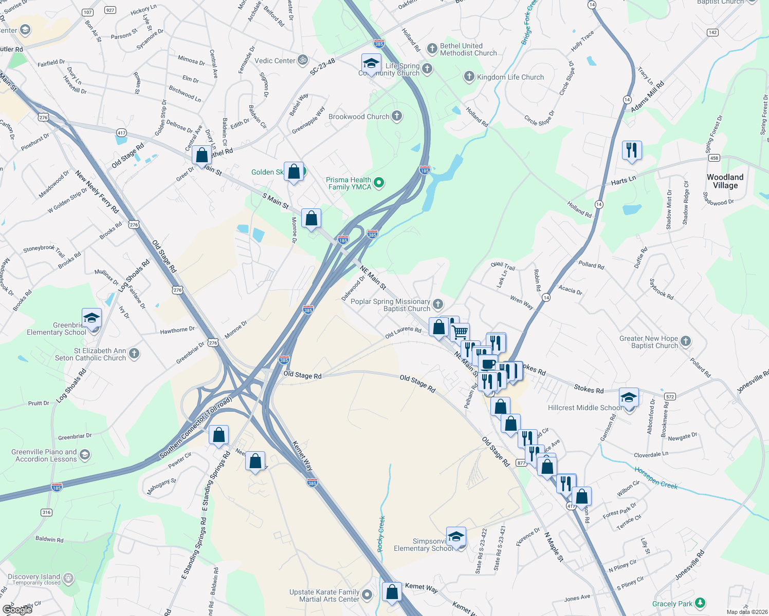 map of restaurants, bars, coffee shops, grocery stores, and more near 106 Decatur Avenue in Simpsonville
