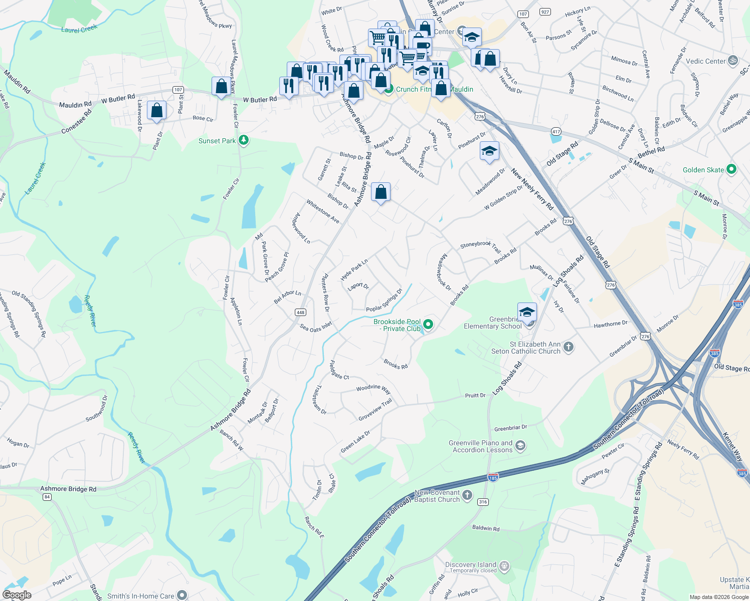 map of restaurants, bars, coffee shops, grocery stores, and more near 3 Cold Water Court in Mauldin