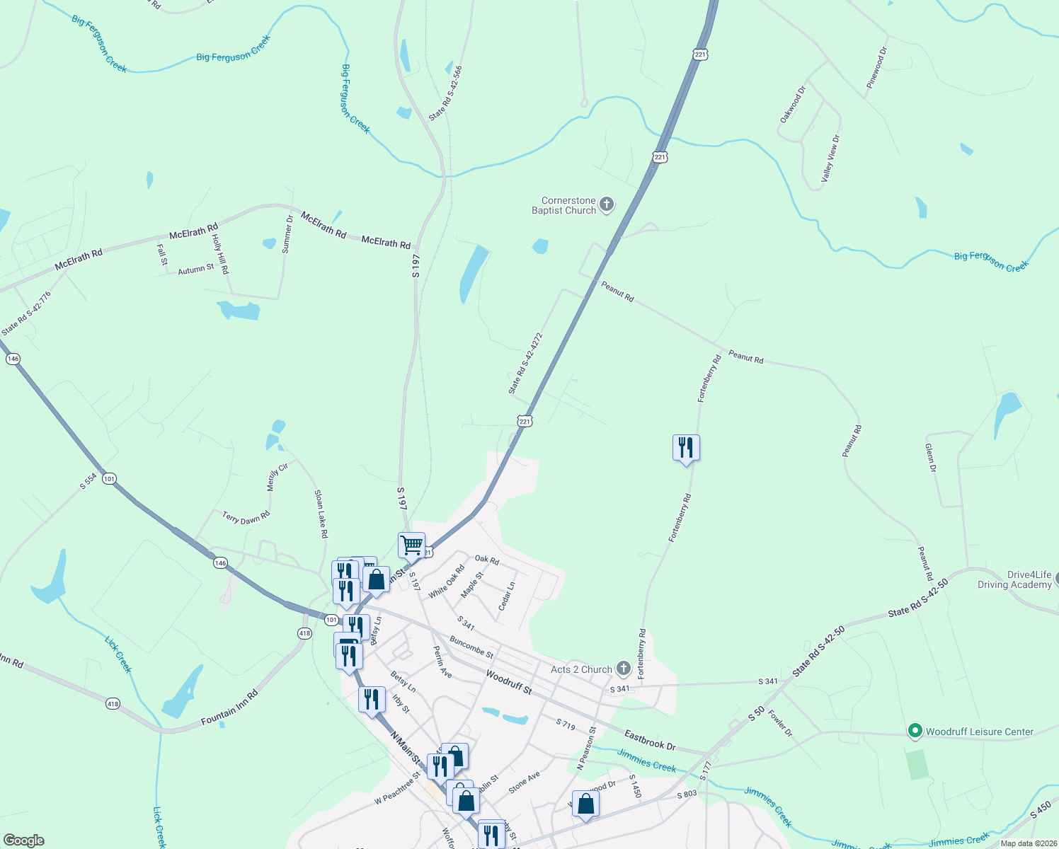 map of restaurants, bars, coffee shops, grocery stores, and more near 9897 U.S. 221 in Woodruff