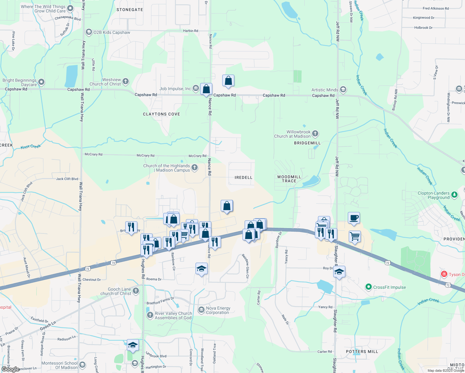 map of restaurants, bars, coffee shops, grocery stores, and more near 7414 South Catawba Circle Northwest in Madison