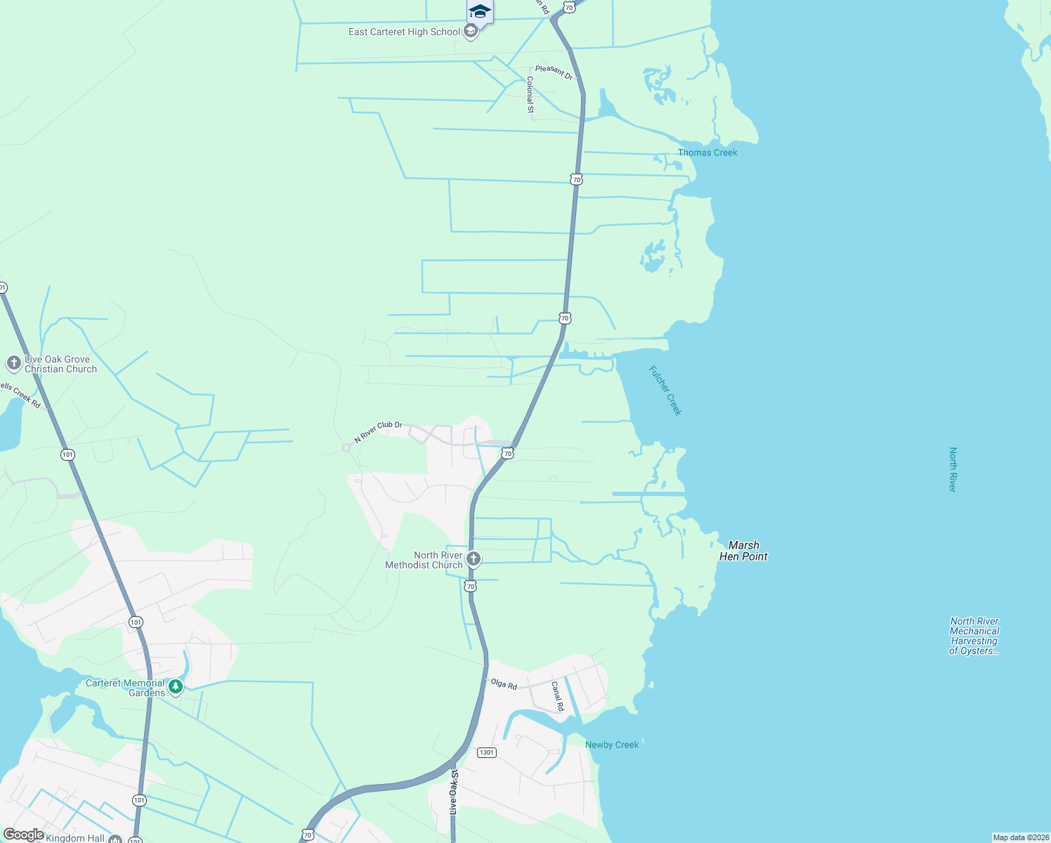 map of restaurants, bars, coffee shops, grocery stores, and more near 2712 U.S. 70 in Beaufort