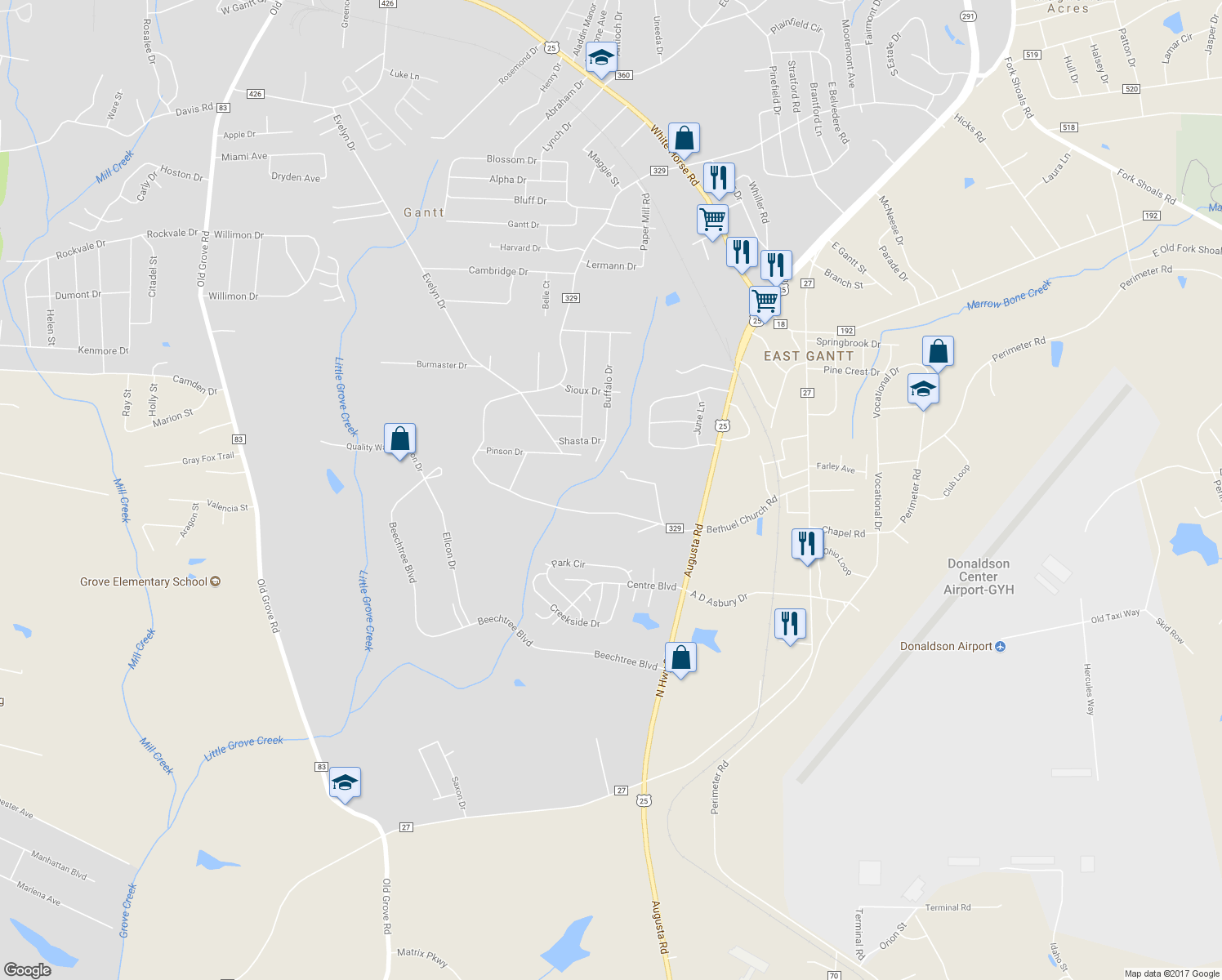 map of restaurants, bars, coffee shops, grocery stores, and more near 425 South Fairfield Road in Greenville