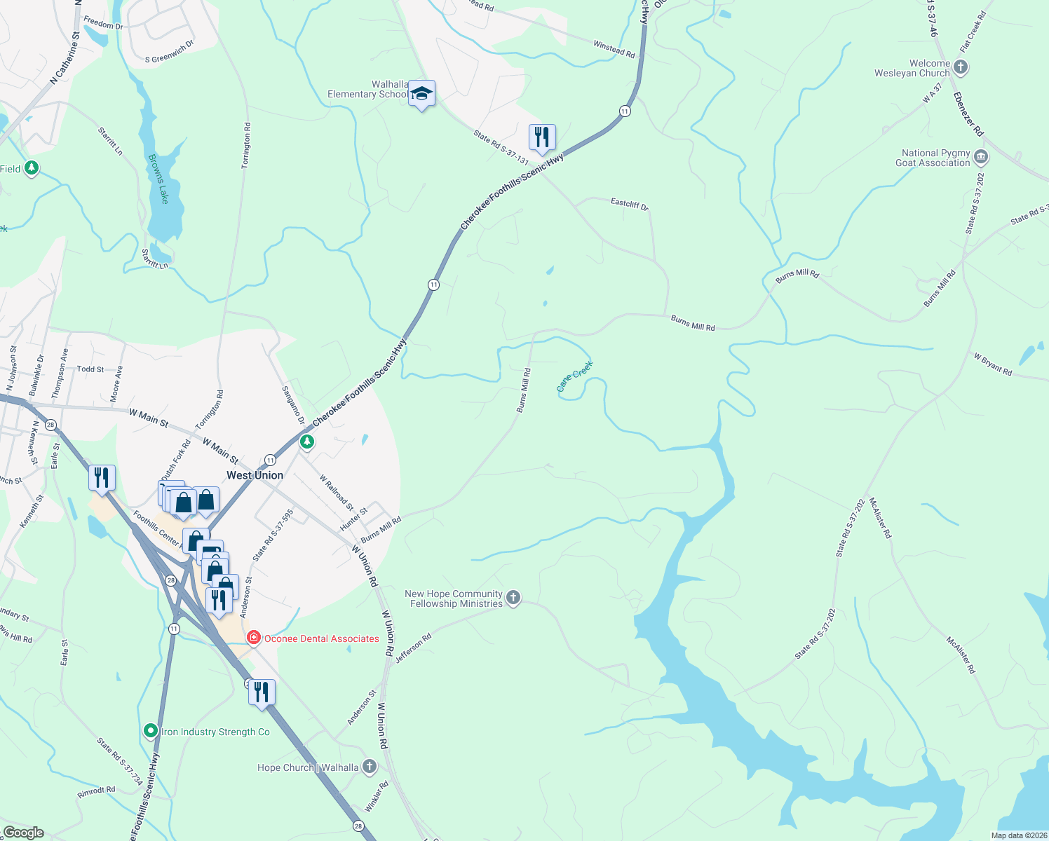 map of restaurants, bars, coffee shops, grocery stores, and more near 430 Burns Mill Road in West Union
