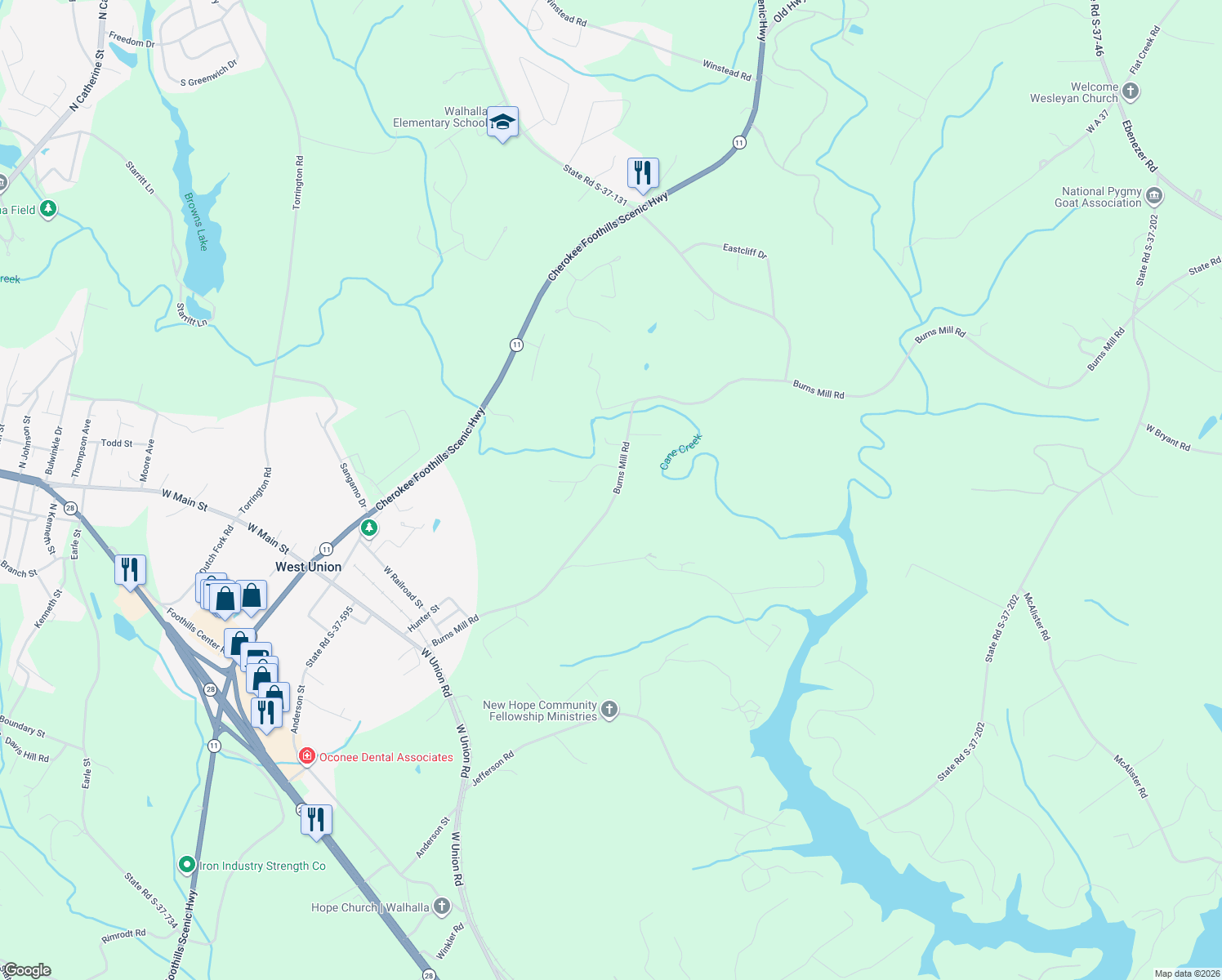 map of restaurants, bars, coffee shops, grocery stores, and more near 430 Burns Mill Road in West Union