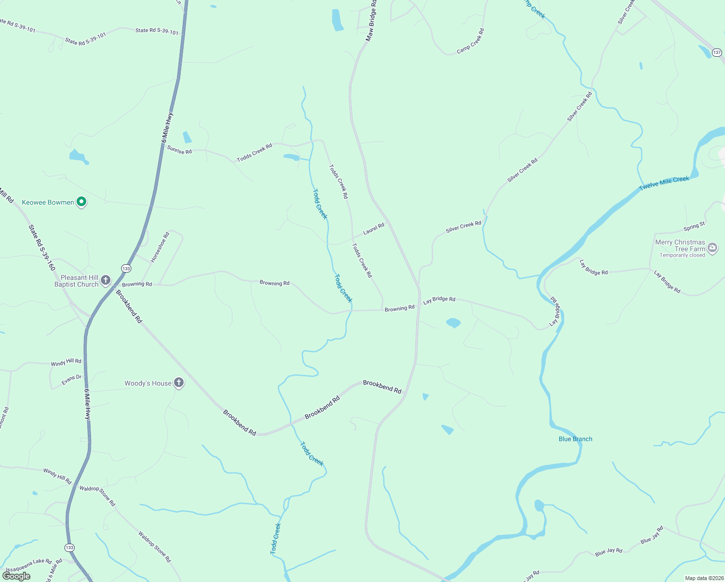 map of restaurants, bars, coffee shops, grocery stores, and more near 125 Todds Creek Road in Central