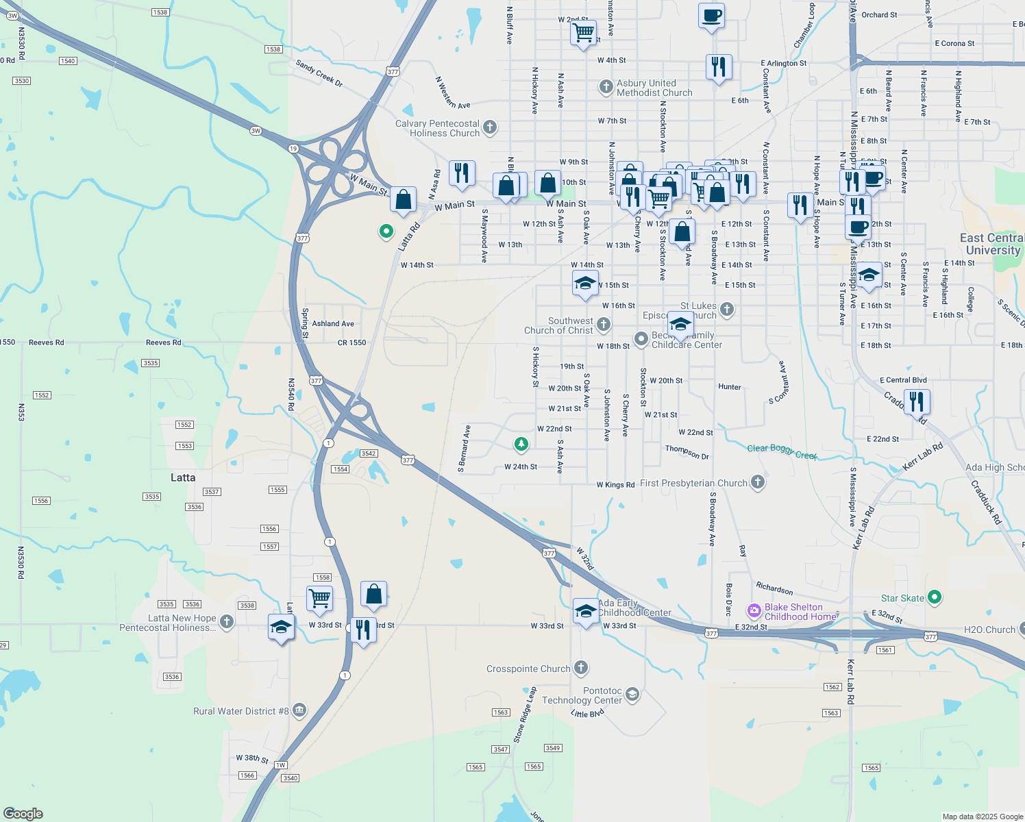 map of restaurants, bars, coffee shops, grocery stores, and more near 830 W Charles Dr in Ada