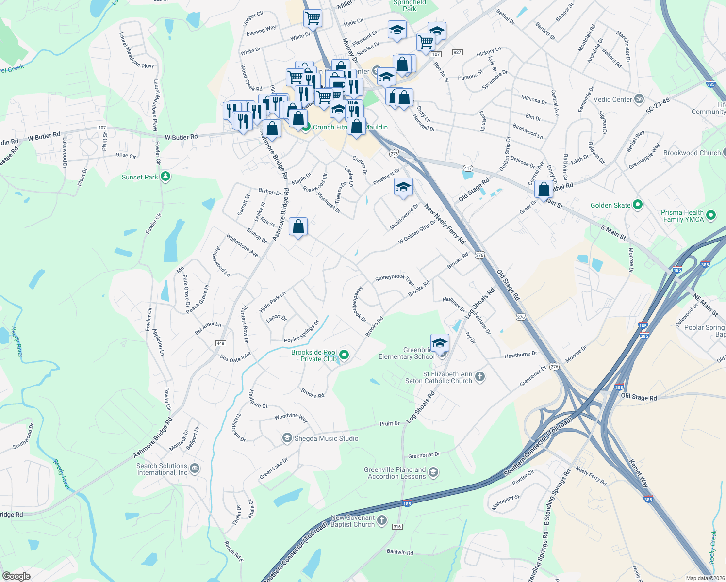 map of restaurants, bars, coffee shops, grocery stores, and more near 103 Meadowbrook Drive in Mauldin