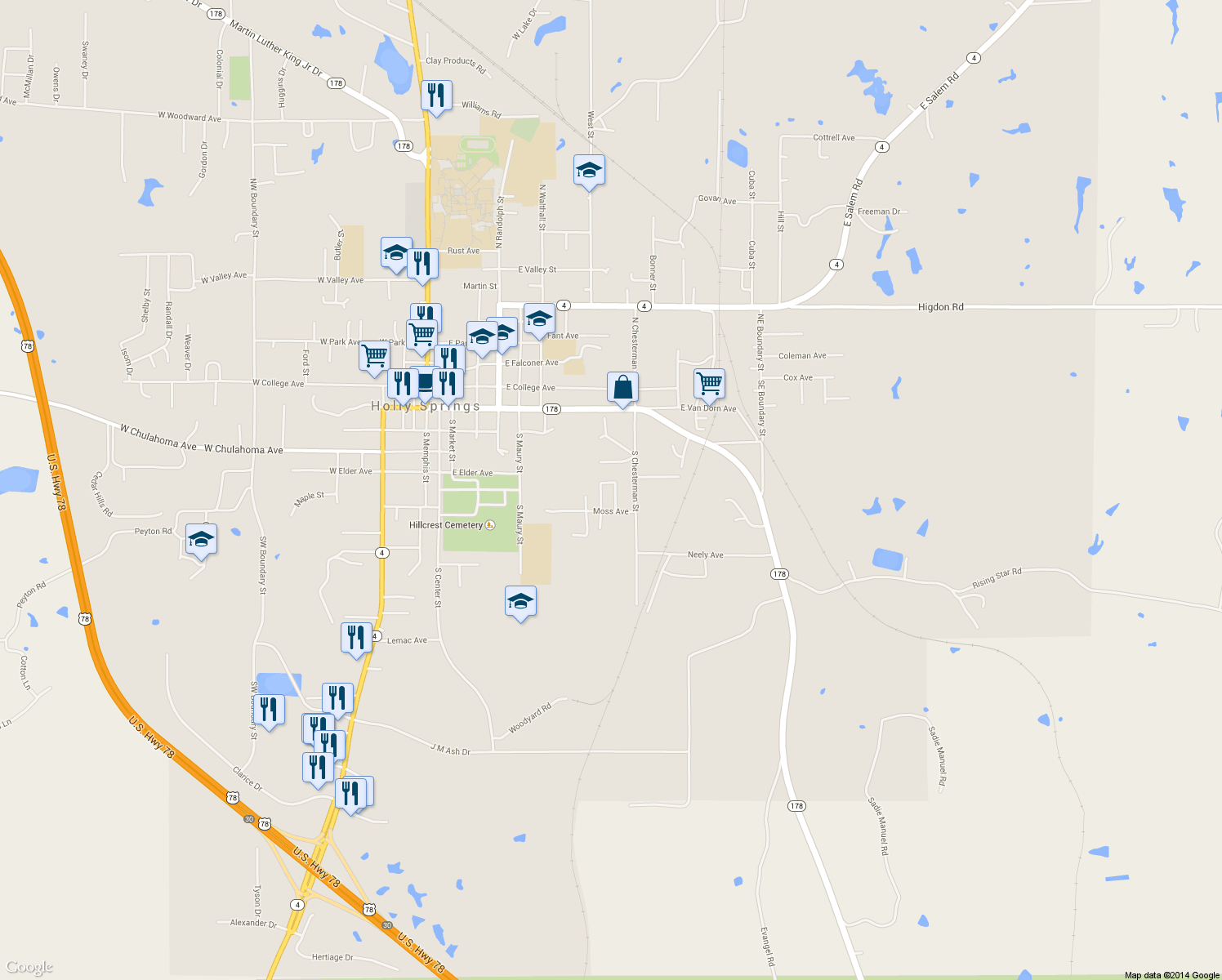 map of restaurants, bars, coffee shops, grocery stores, and more near 130 Greenbriar Circle in Holly Springs