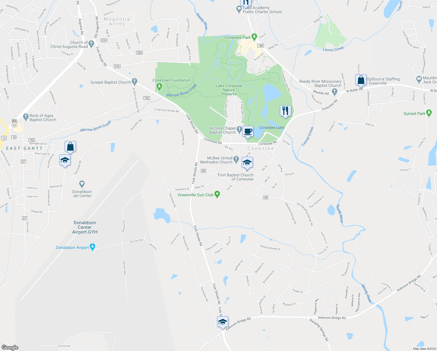 map of restaurants, bars, coffee shops, grocery stores, and more near 8 Standing Springs Road in Greenville