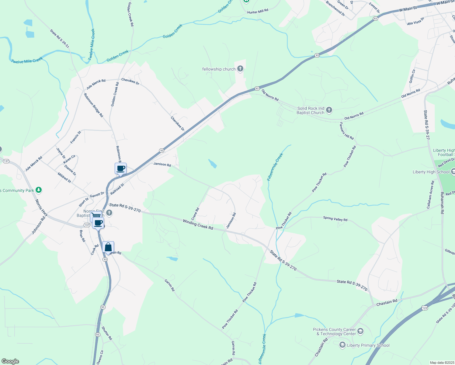 map of restaurants, bars, coffee shops, grocery stores, and more near 119 Freedom Forest Drive in Liberty
