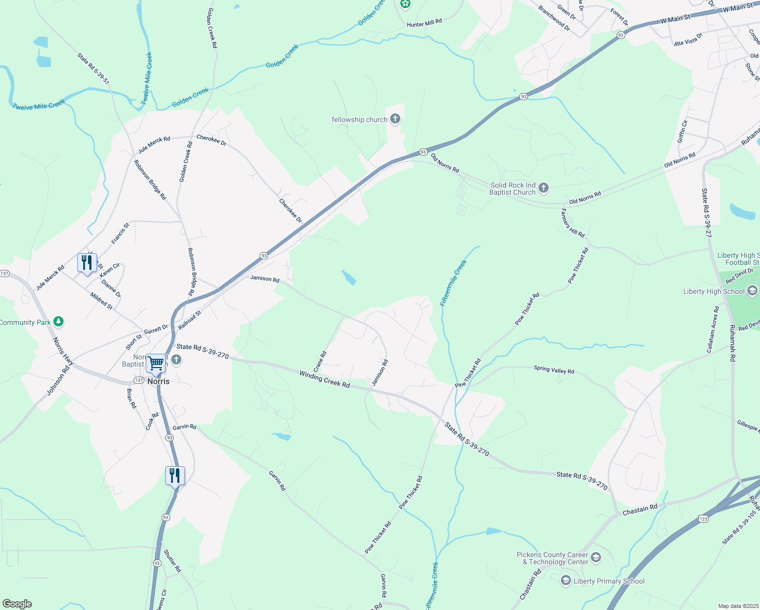 map of restaurants, bars, coffee shops, grocery stores, and more near 119 Freedom Forest Drive in Liberty