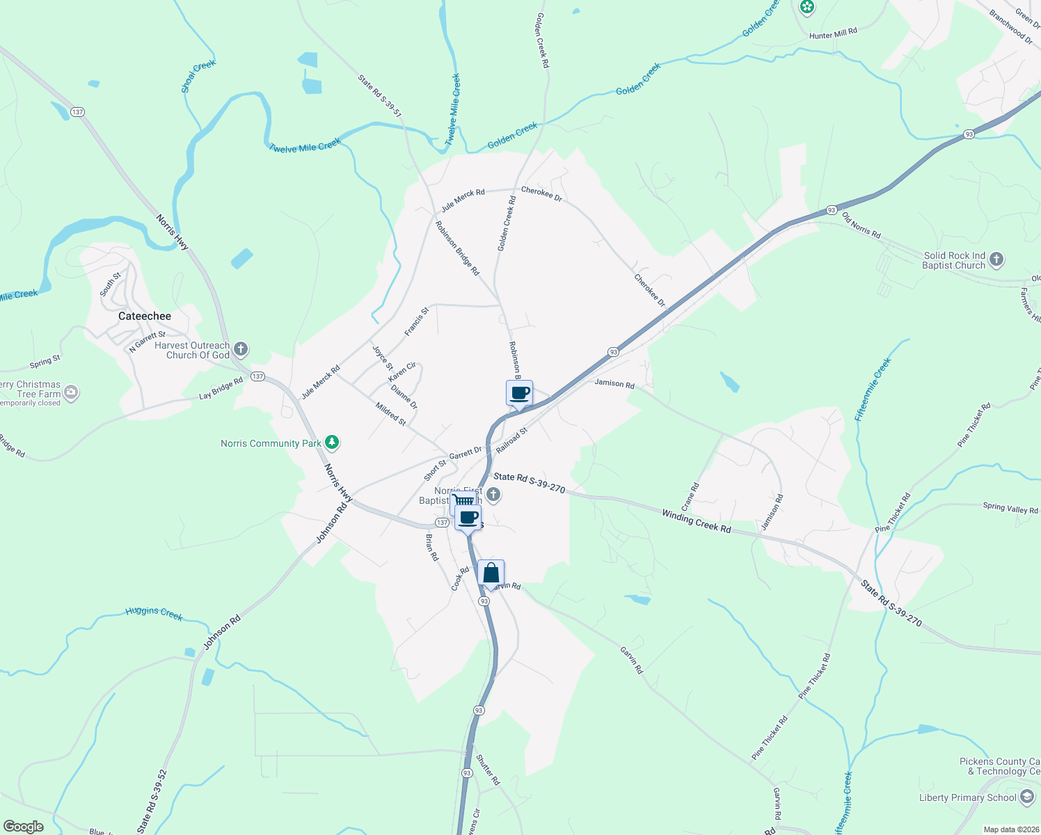 map of restaurants, bars, coffee shops, grocery stores, and more near 410 North Norris Drive in Liberty
