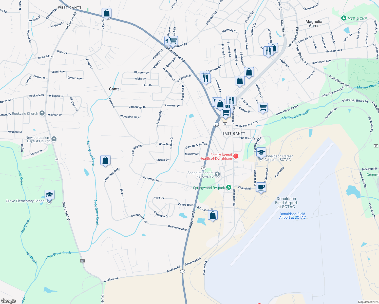 map of restaurants, bars, coffee shops, grocery stores, and more near 10 Midway Road in Greenville