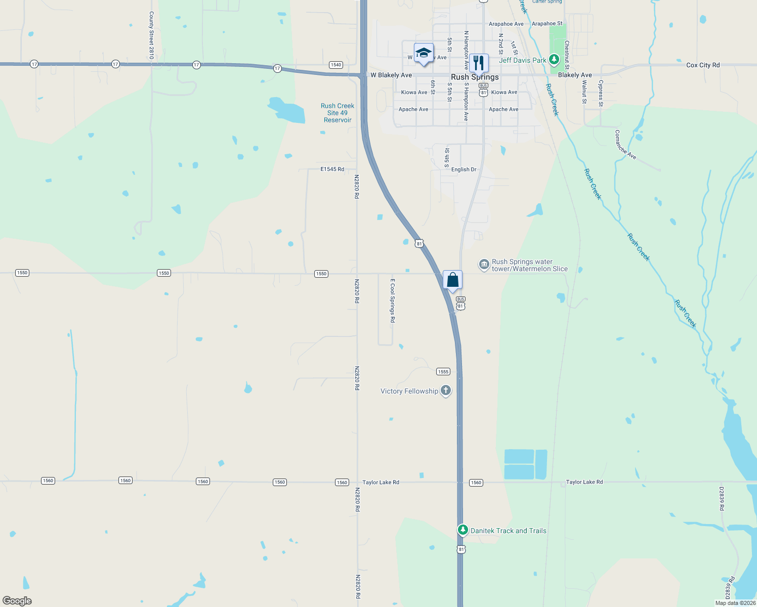 map of restaurants, bars, coffee shops, grocery stores, and more near 112 West Cool Springs Road in Rush Springs