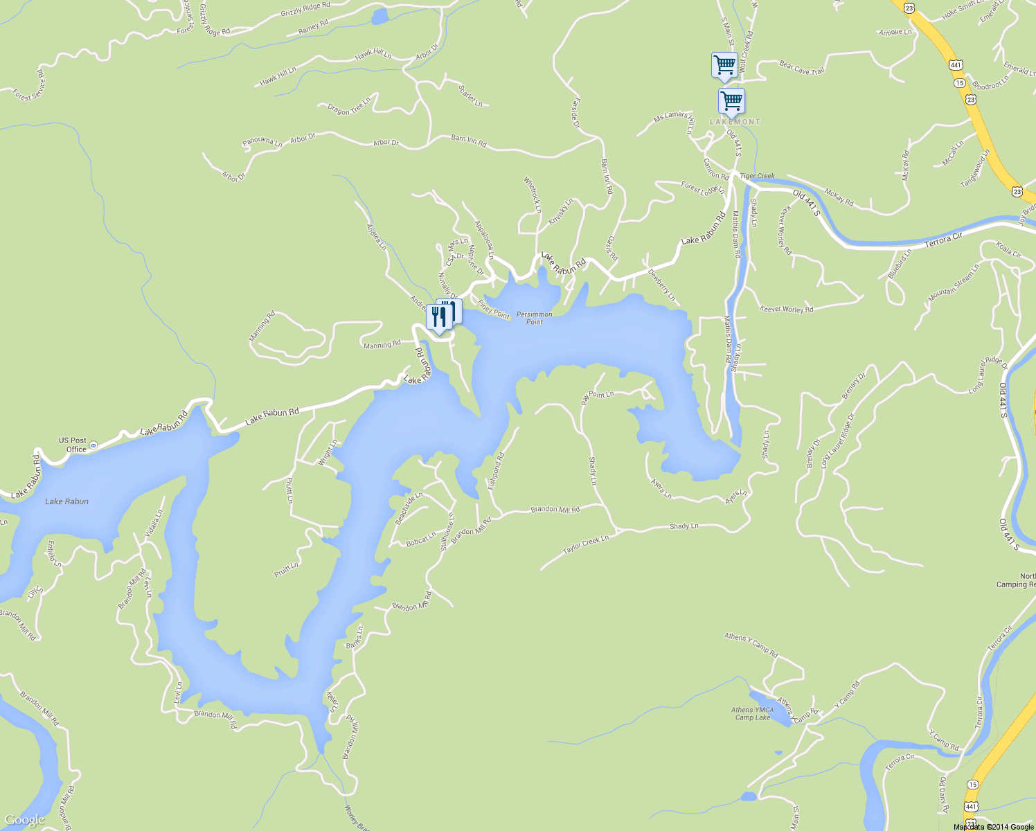 map of restaurants, bars, coffee shops, grocery stores, and more near 319 Fishpond Lane in Lakemont