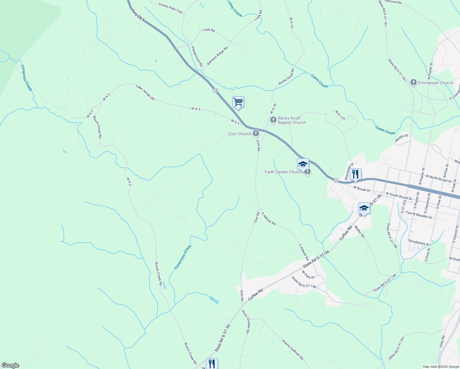 map of restaurants, bars, coffee shops, grocery stores, and more near 250 Old Coffee Road in Walhalla