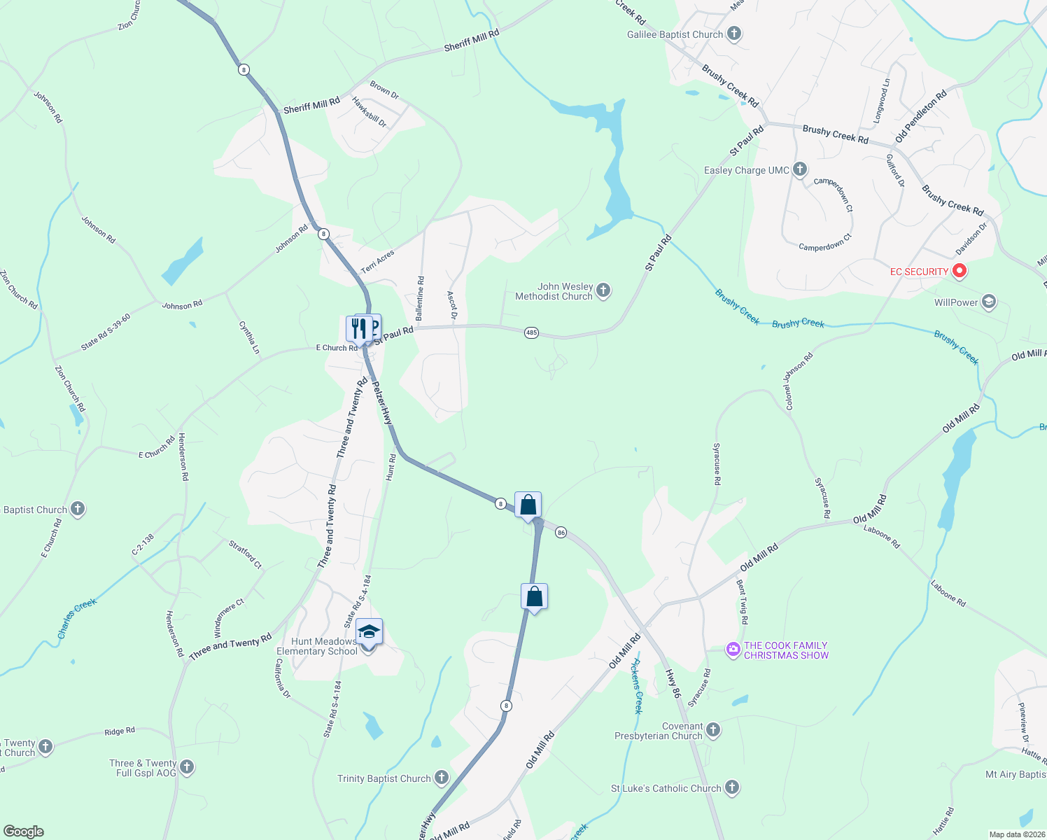 map of restaurants, bars, coffee shops, grocery stores, and more near 238 Saint Paul Road in Easley