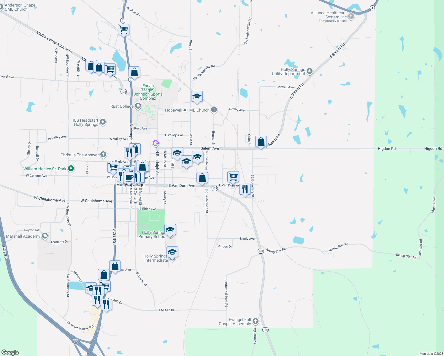 map of restaurants, bars, coffee shops, grocery stores, and more near 452 East College Avenue in Holly Springs