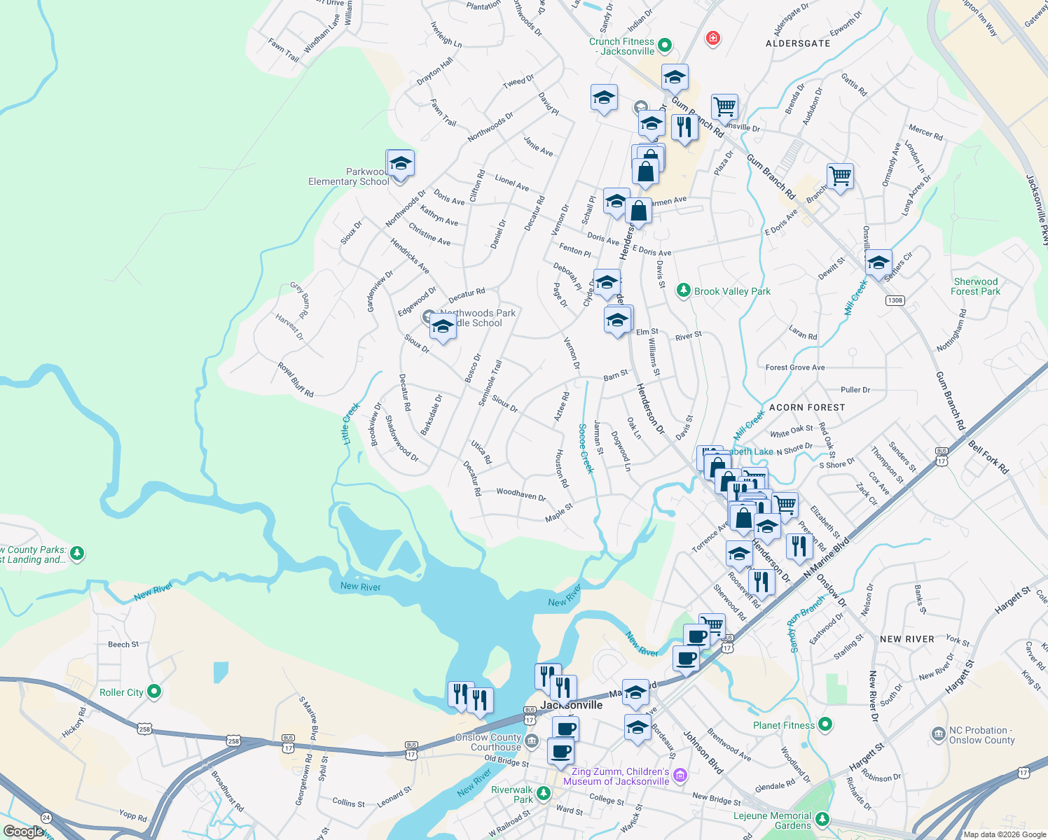 map of restaurants, bars, coffee shops, grocery stores, and more near 517 Sioux Drive in Jacksonville