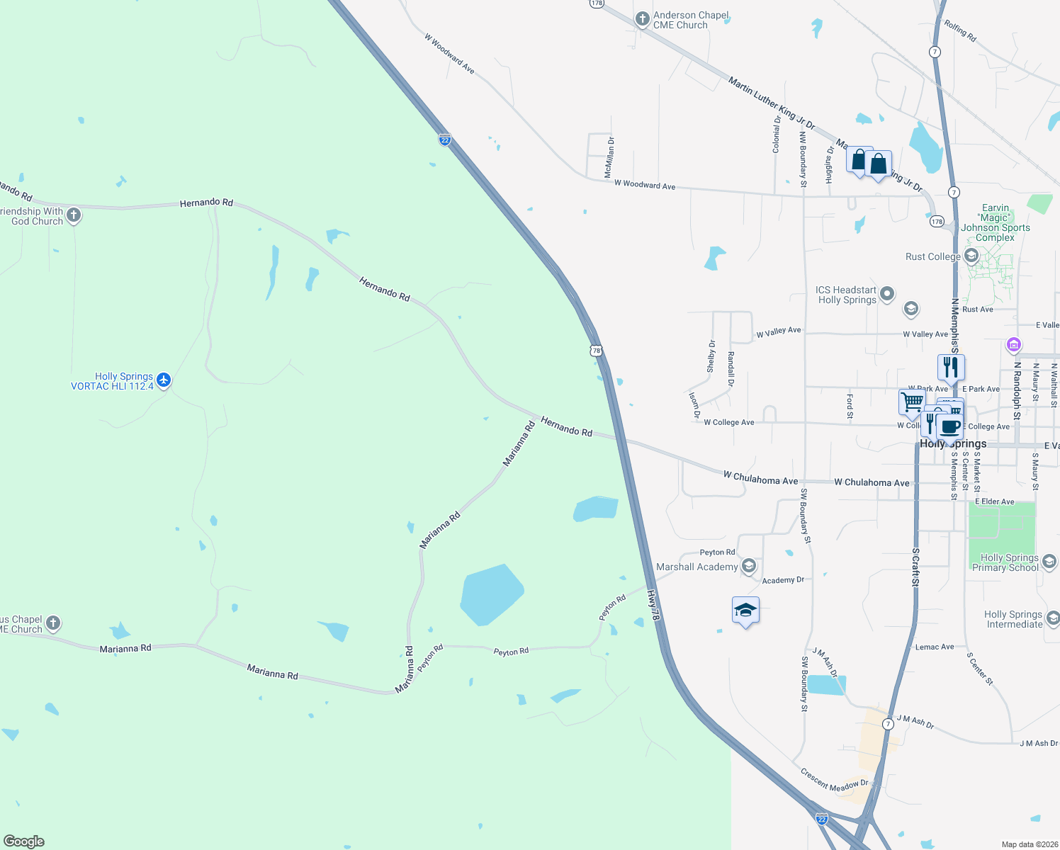 map of restaurants, bars, coffee shops, grocery stores, and more near 121 Marianna Road in Holly Springs