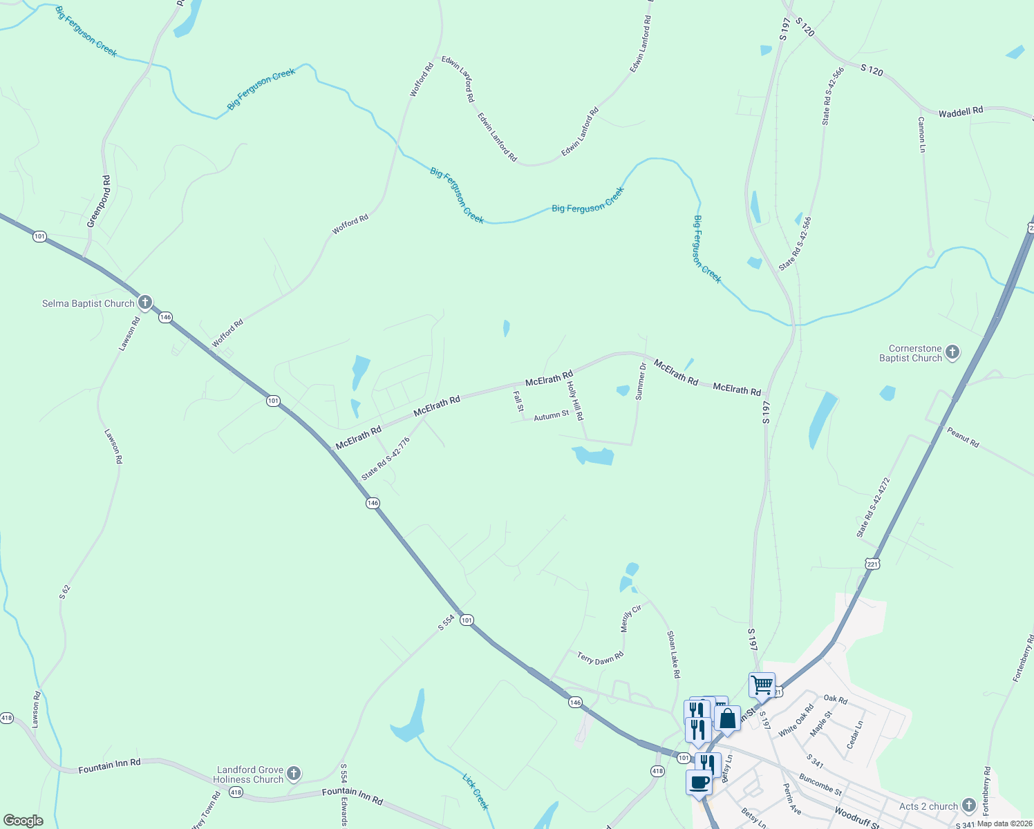 map of restaurants, bars, coffee shops, grocery stores, and more near 104 Autumn St in Woodruff