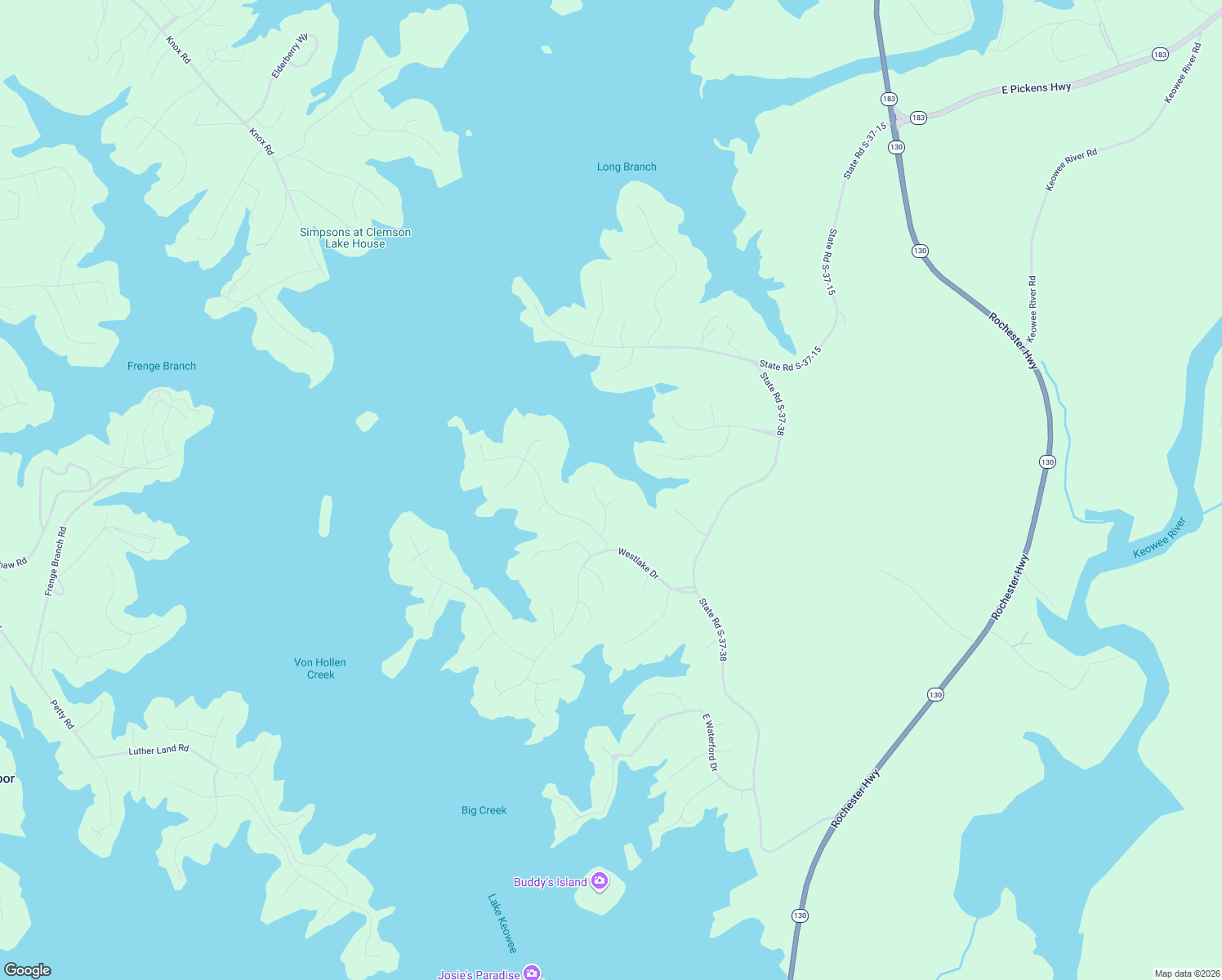 map of restaurants, bars, coffee shops, grocery stores, and more near 310 Treetops Drive in Seneca