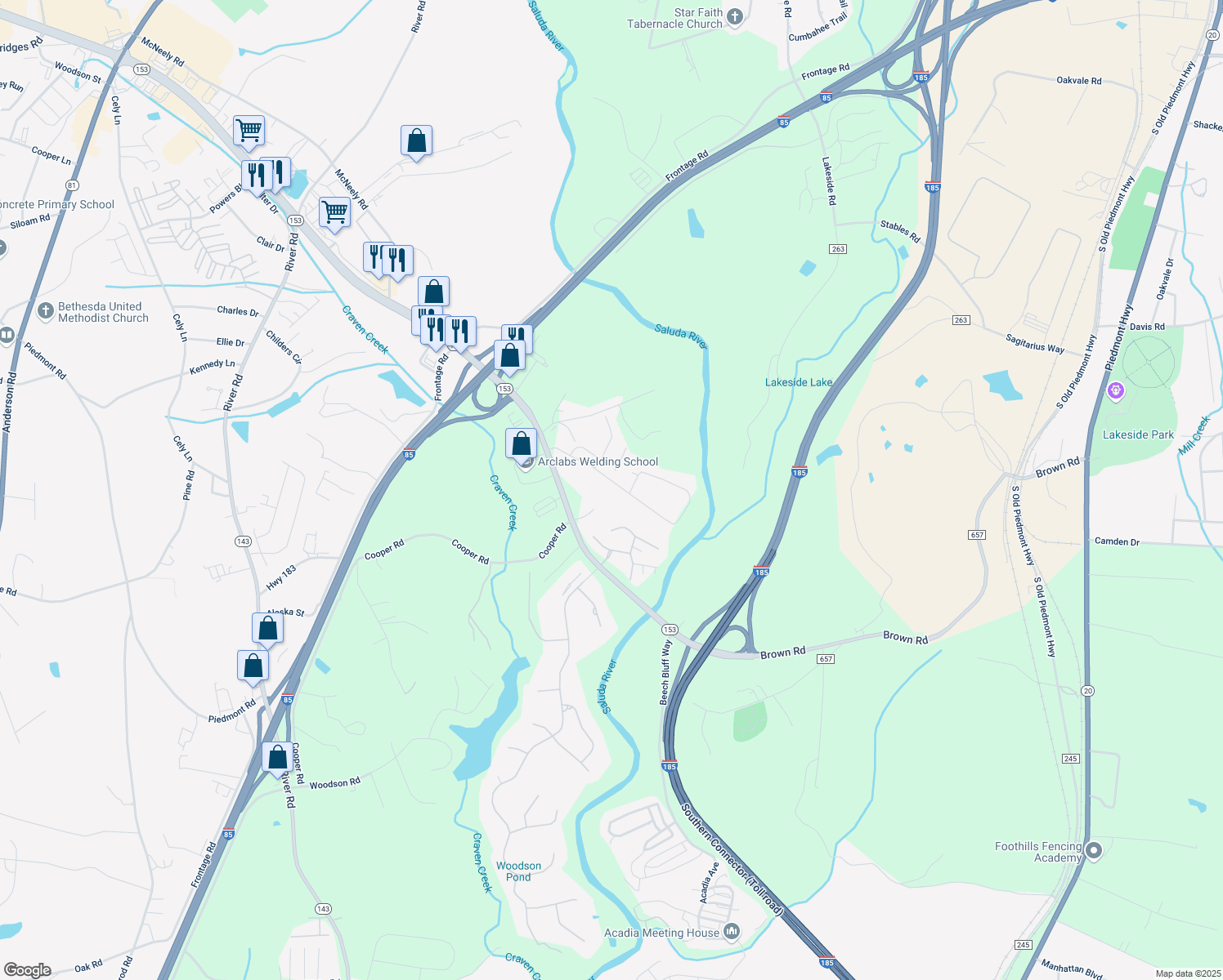 map of restaurants, bars, coffee shops, grocery stores, and more near 114 Raven Wood Circle in Piedmont