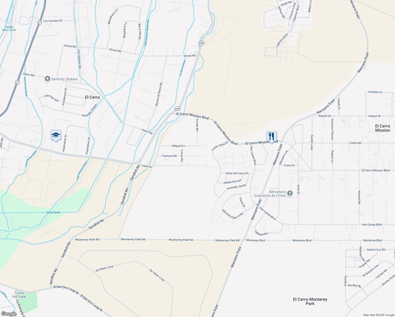 map of restaurants, bars, coffee shops, grocery stores, and more near 20 Frances Road in Los Lunas