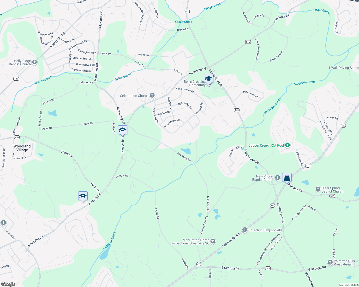 map of restaurants, bars, coffee shops, grocery stores, and more near 8 Manor Ct in Simpsonville