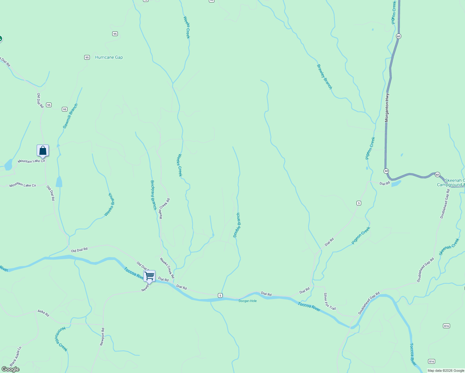 map of restaurants, bars, coffee shops, grocery stores, and more near 322 Honeysuckle Way in Blue Ridge