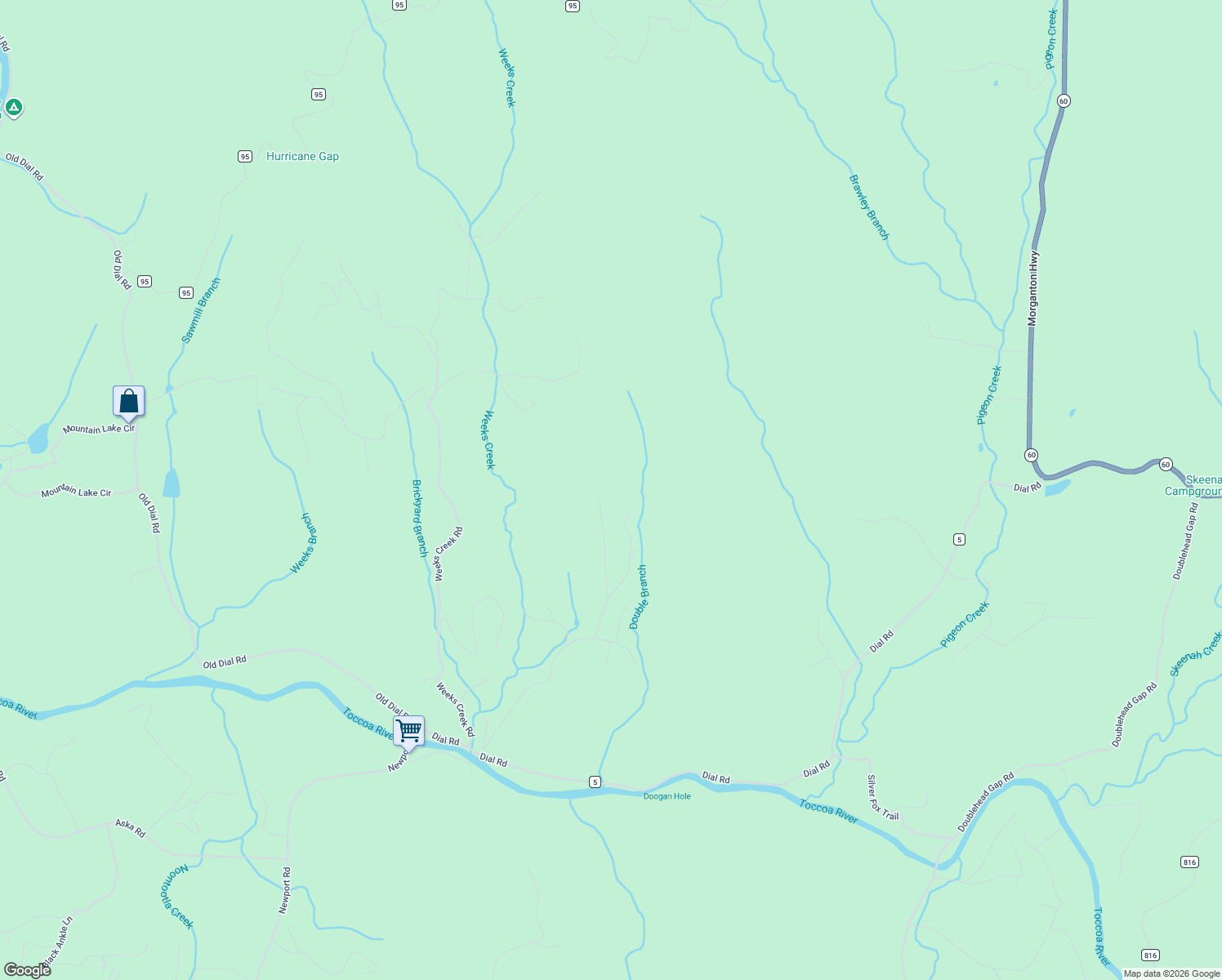 map of restaurants, bars, coffee shops, grocery stores, and more near 322 Honeysuckle Way in Blue Ridge