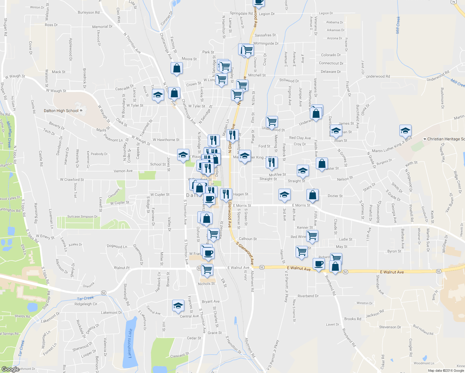 map of restaurants, bars, coffee shops, grocery stores, and more near 101 South Glenwood Avenue in Dalton