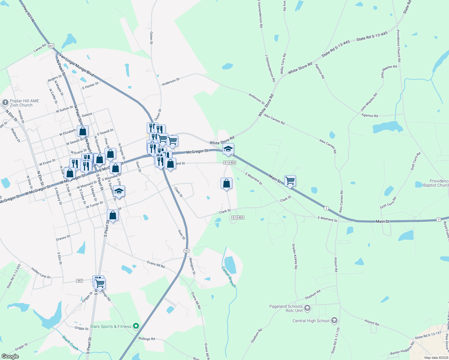 map of restaurants, bars, coffee shops, grocery stores, and more near Usher Street in Pageland