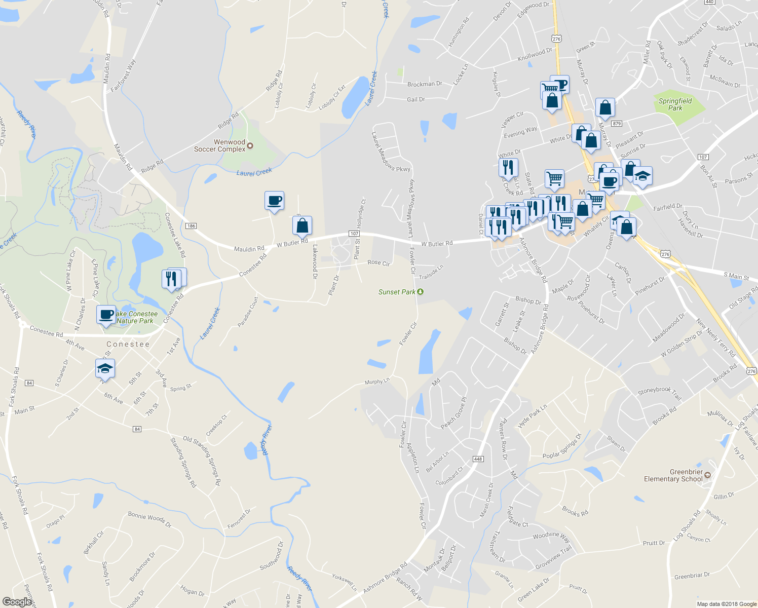 map of restaurants, bars, coffee shops, grocery stores, and more near 110 Rose Circle in Greenville