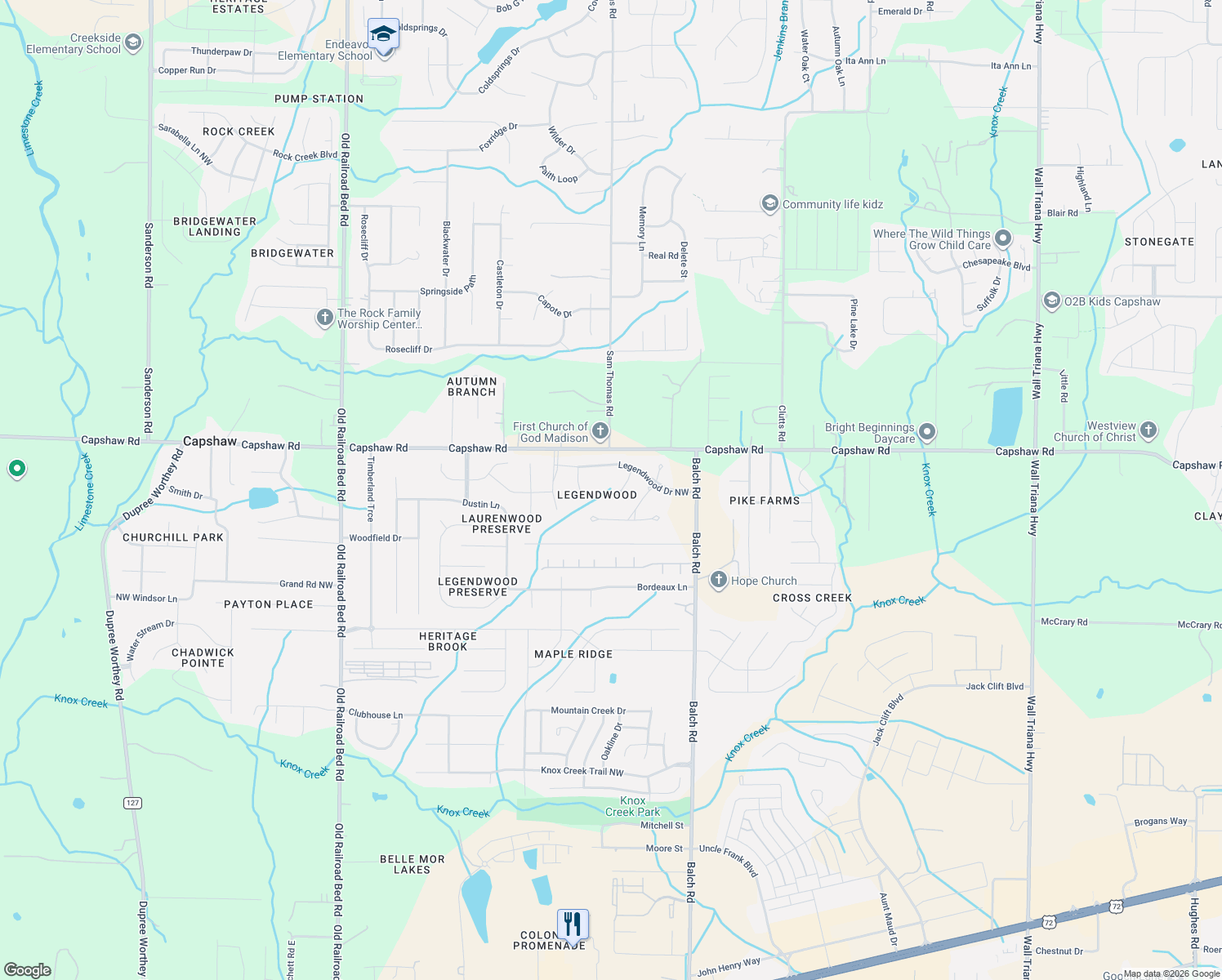 map of restaurants, bars, coffee shops, grocery stores, and more near 103 Springhaven Drive Northwest in Madison