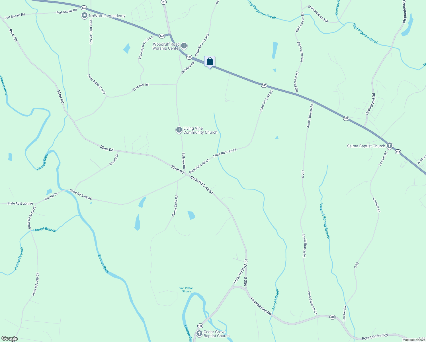 map of restaurants, bars, coffee shops, grocery stores, and more near 425 Cooper Bridge Road in Woodruff