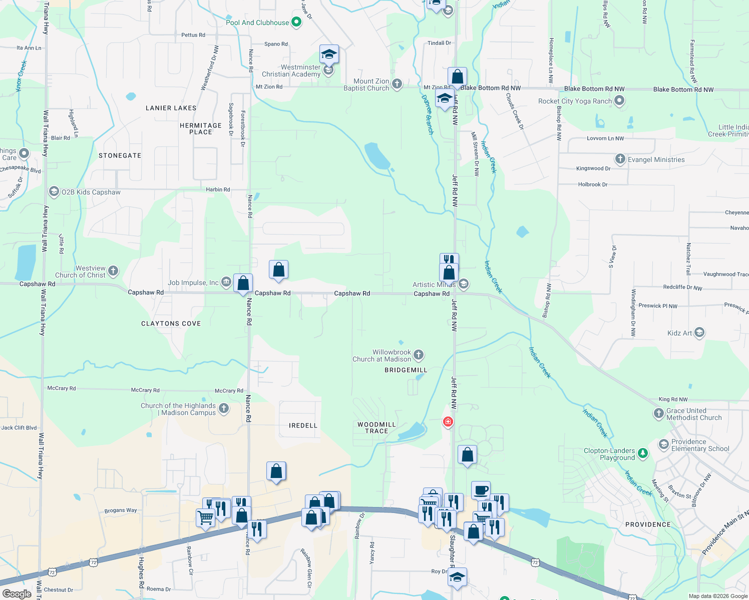 map of restaurants, bars, coffee shops, grocery stores, and more near 264 Capshaw Rd in Madison