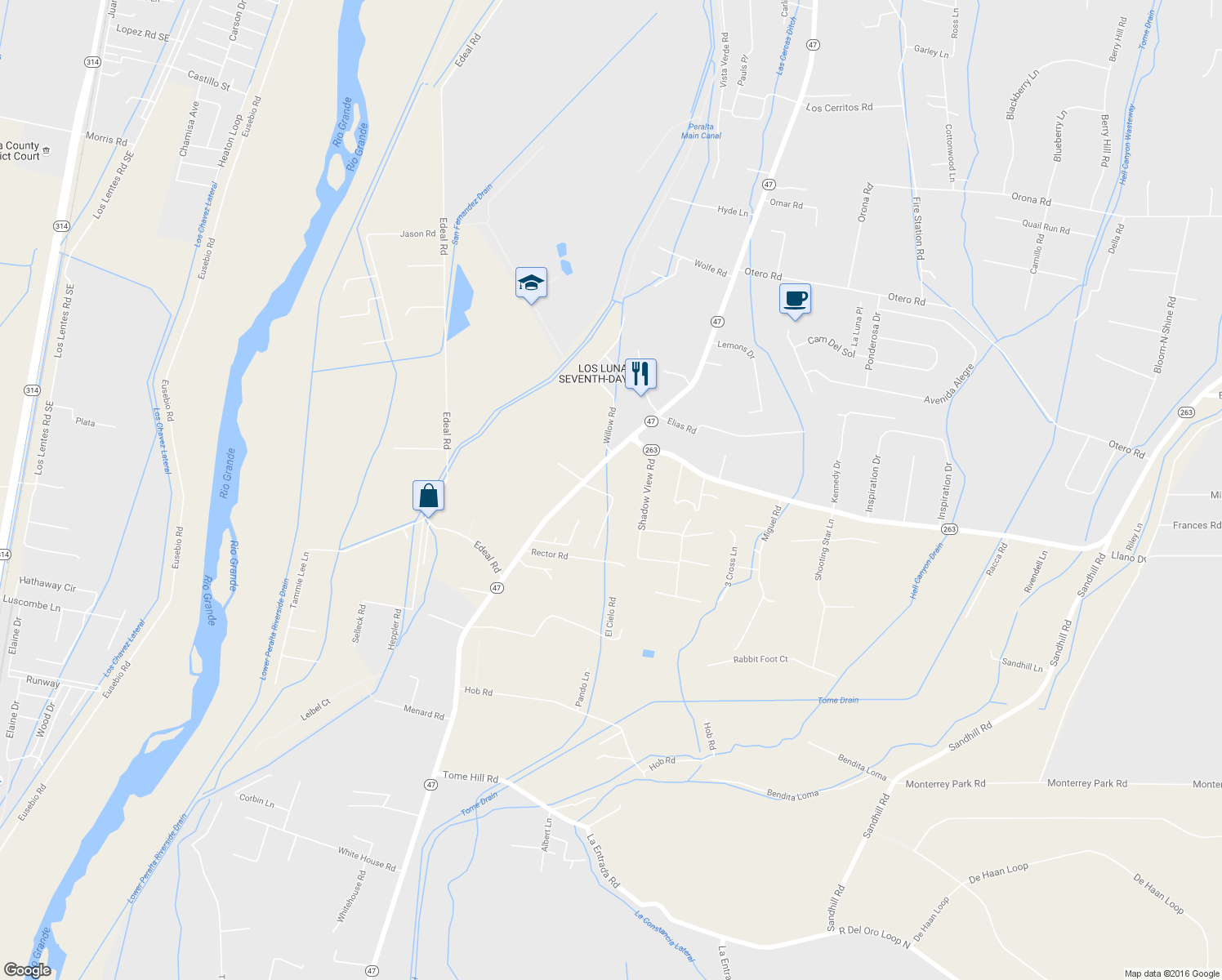 map of restaurants, bars, coffee shops, grocery stores, and more near 5 Elias P Sanchez Road in Los Lunas