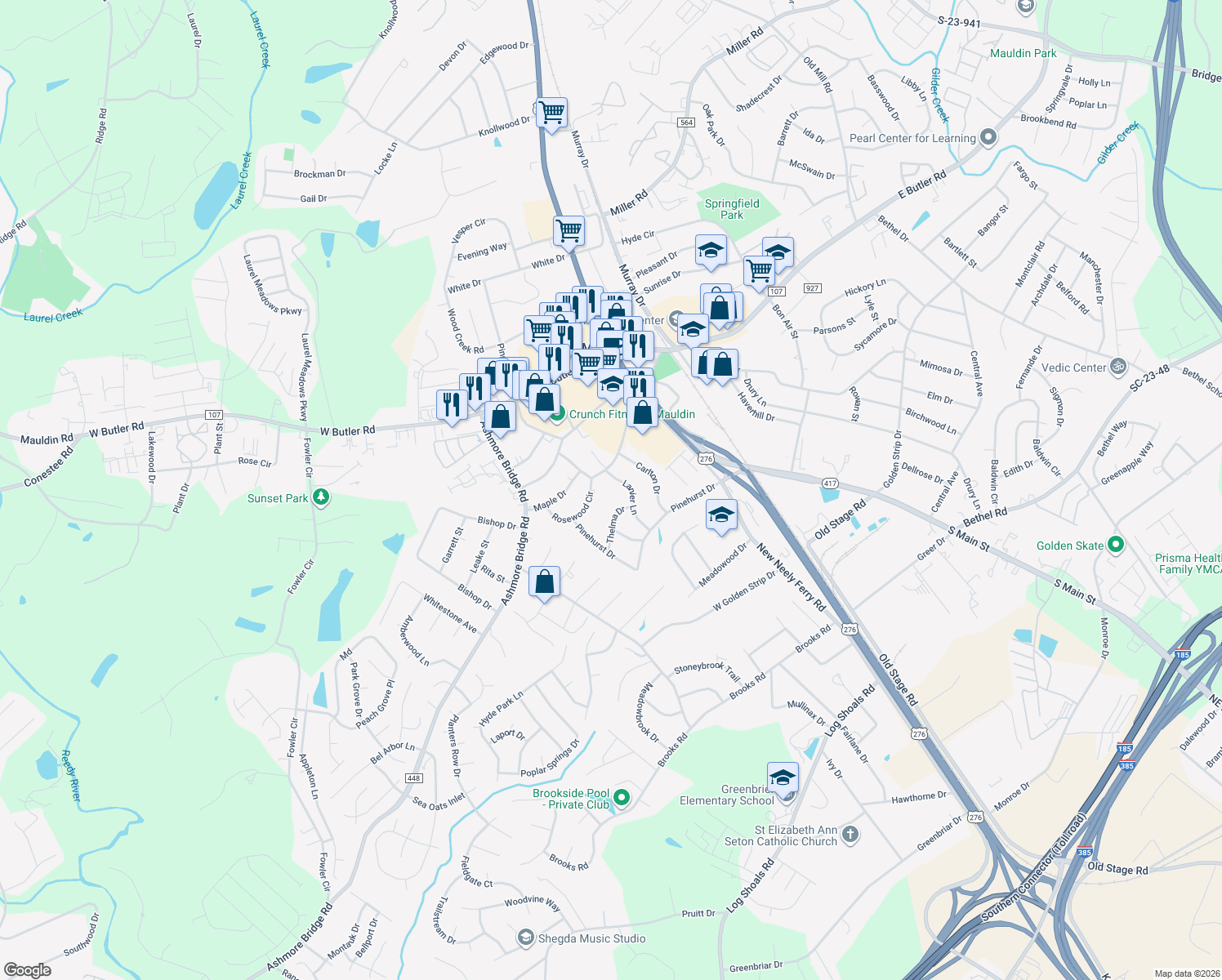 map of restaurants, bars, coffee shops, grocery stores, and more near 102 Lanier Lane in Mauldin