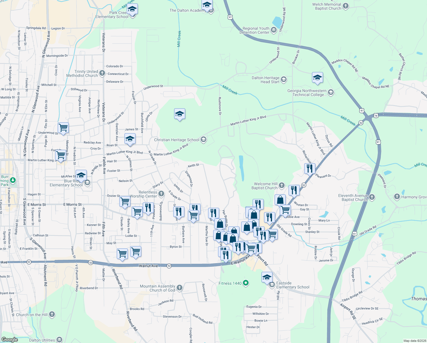 map of restaurants, bars, coffee shops, grocery stores, and more near 208 Van Buren Drive in Dalton