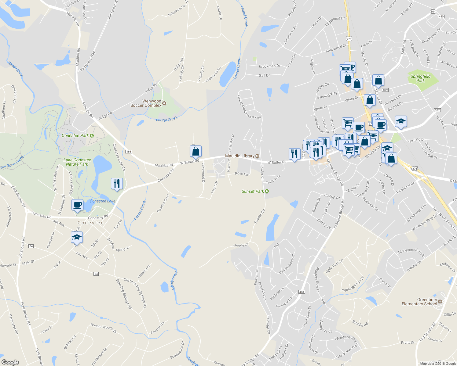 map of restaurants, bars, coffee shops, grocery stores, and more near 104 Plant Street in Greenville