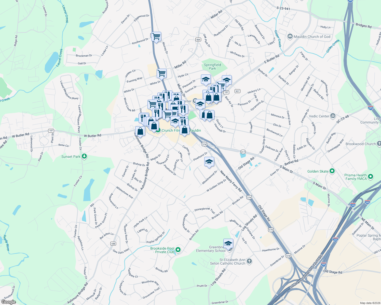 map of restaurants, bars, coffee shops, grocery stores, and more near 117 Carlton Drive in Mauldin