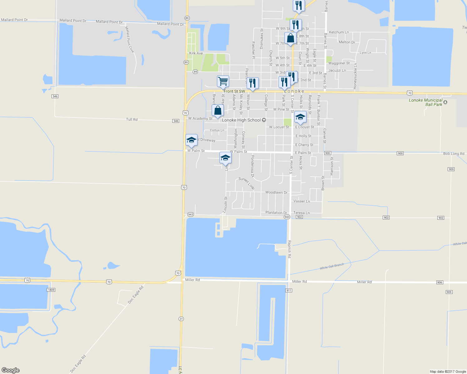 map of restaurants, bars, coffee shops, grocery stores, and more near 31 Sunset Loop in Lonoke