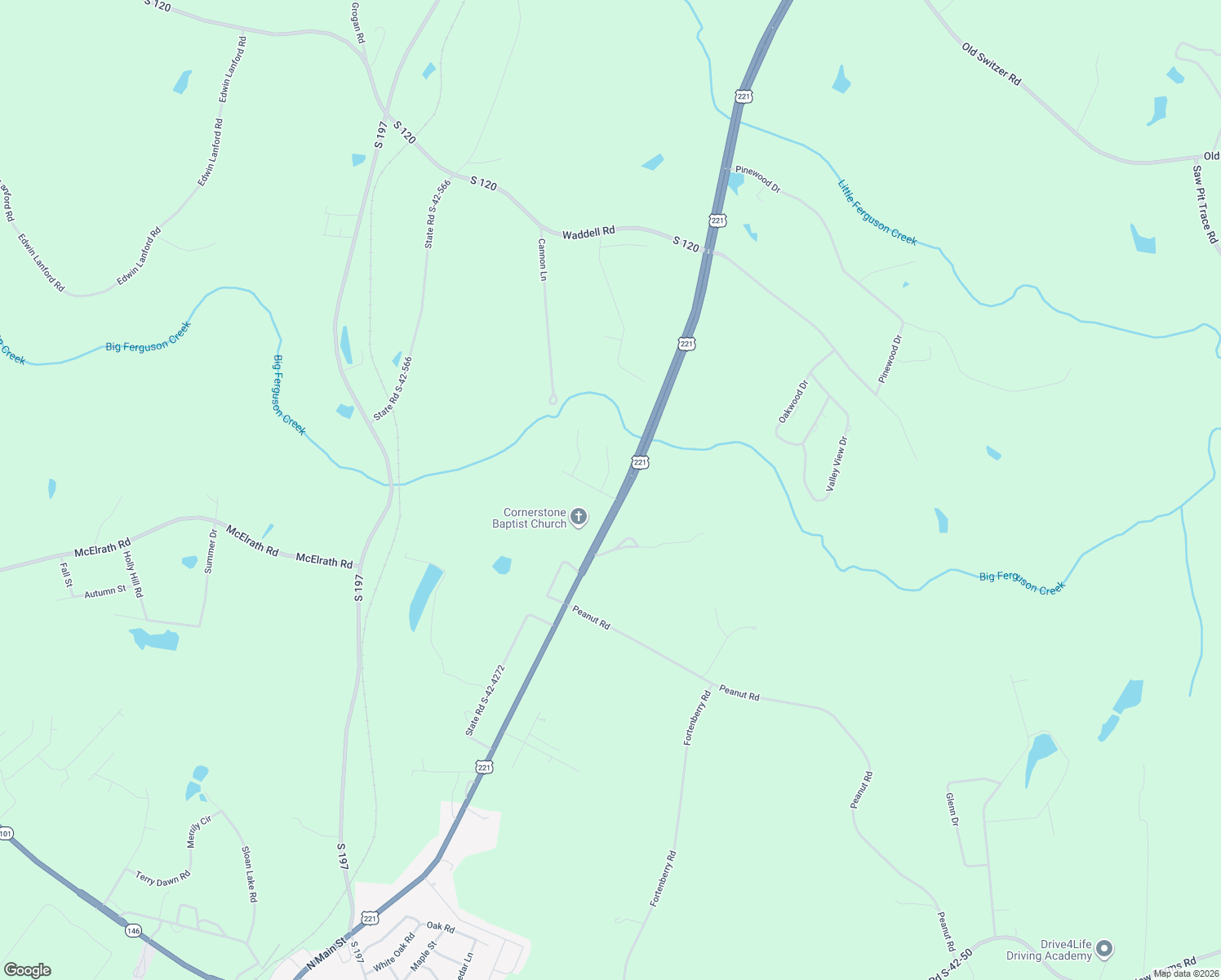 map of restaurants, bars, coffee shops, grocery stores, and more near 202 Creekview Lane in Woodruff