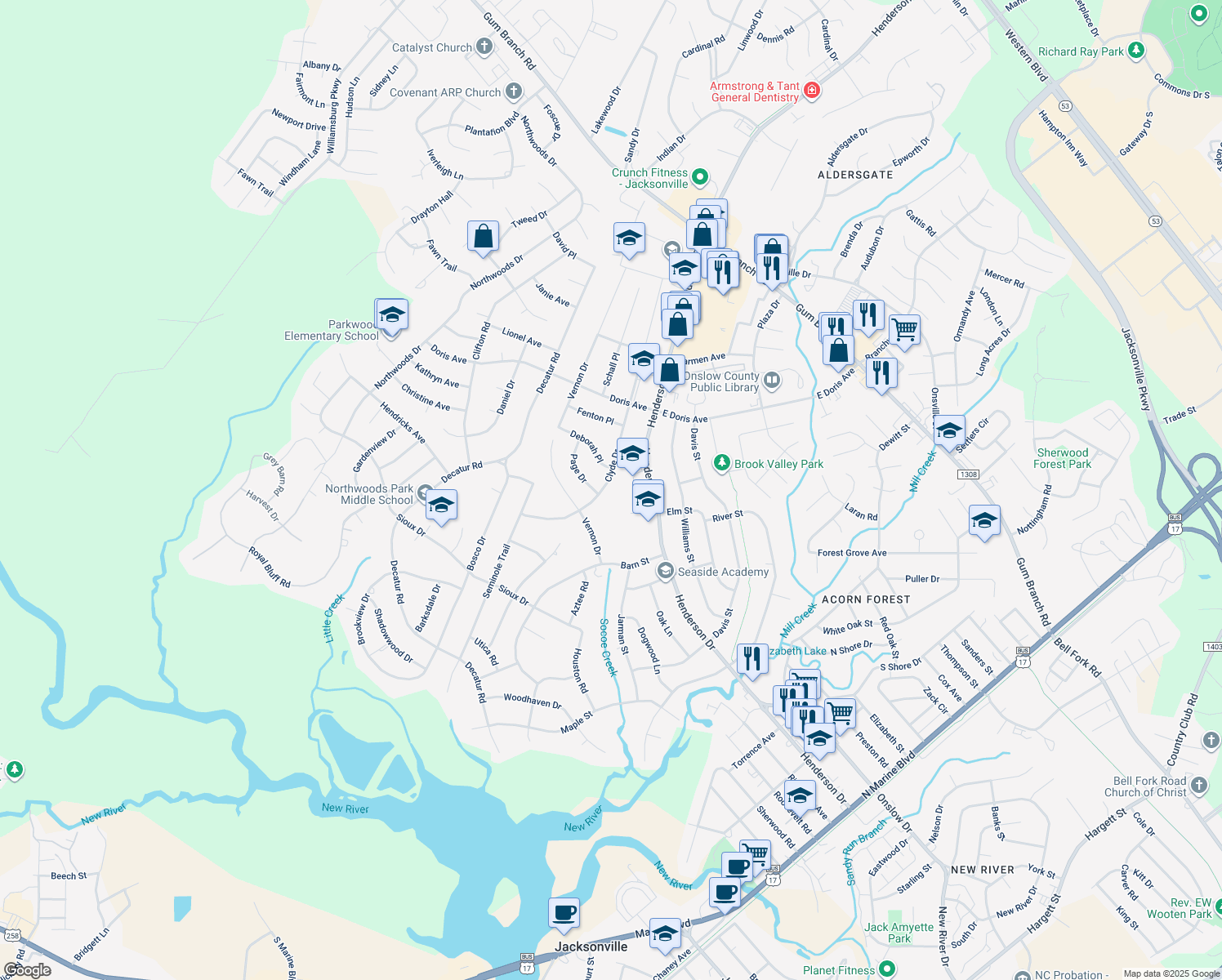 map of restaurants, bars, coffee shops, grocery stores, and more near 602 Clyde Drive in Jacksonville