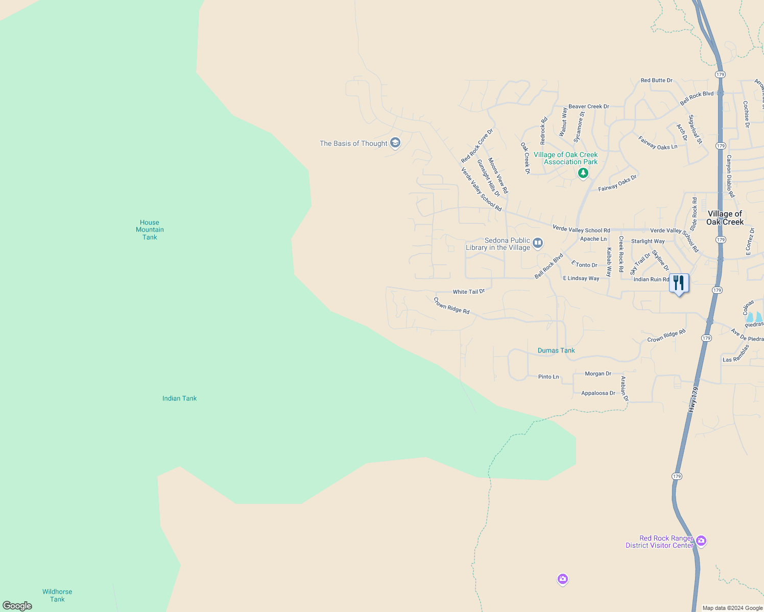map of restaurants, bars, coffee shops, grocery stores, and more near 220 Crystal Sky Drive in Sedona
