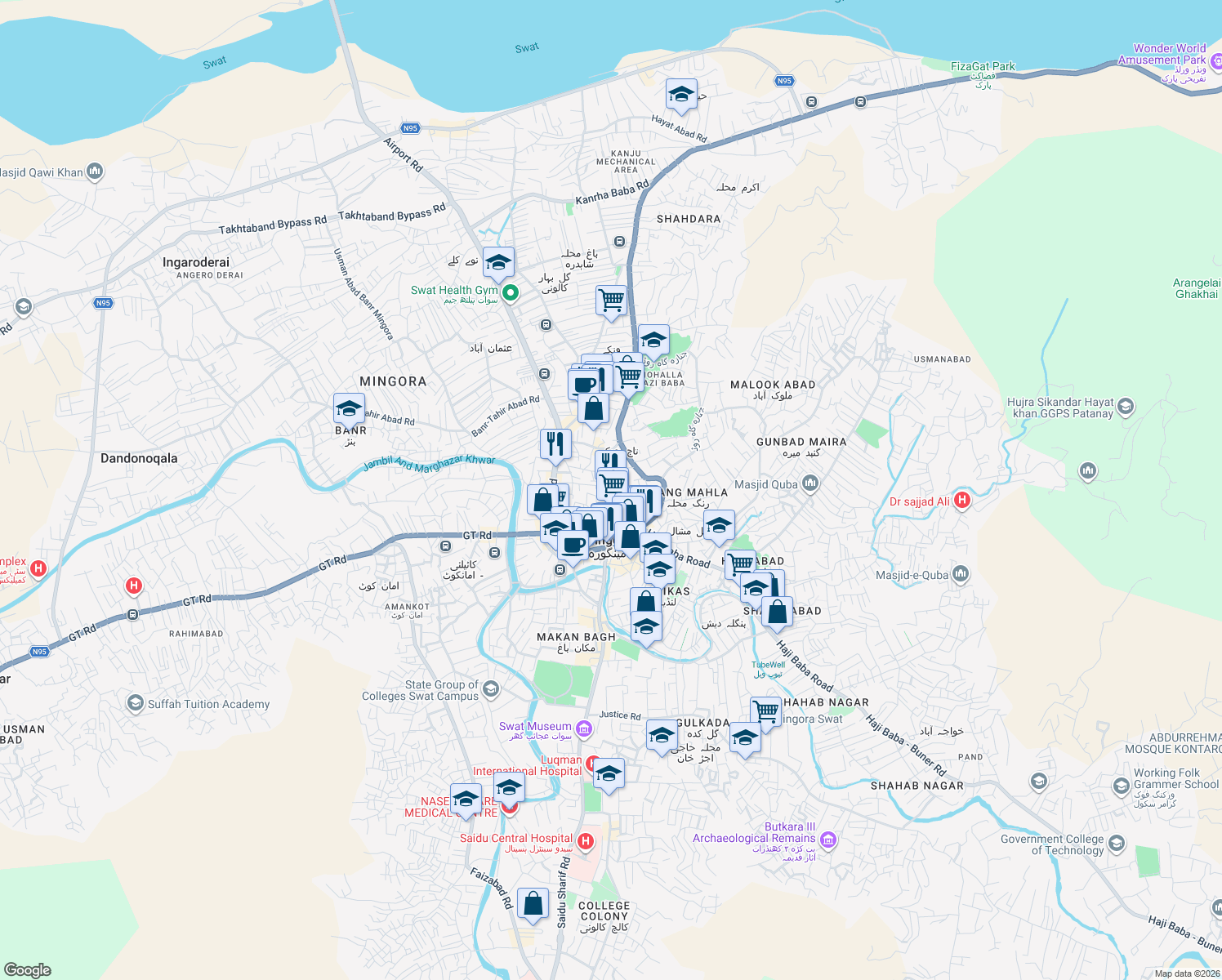 map of restaurants, bars, coffee shops, grocery stores, and more near Main Bazar in Mingora