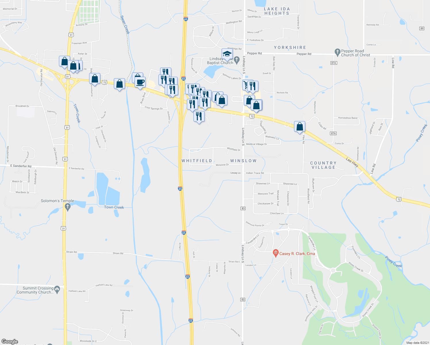 map of restaurants, bars, coffee shops, grocery stores, and more near Linsey Ln in Athens