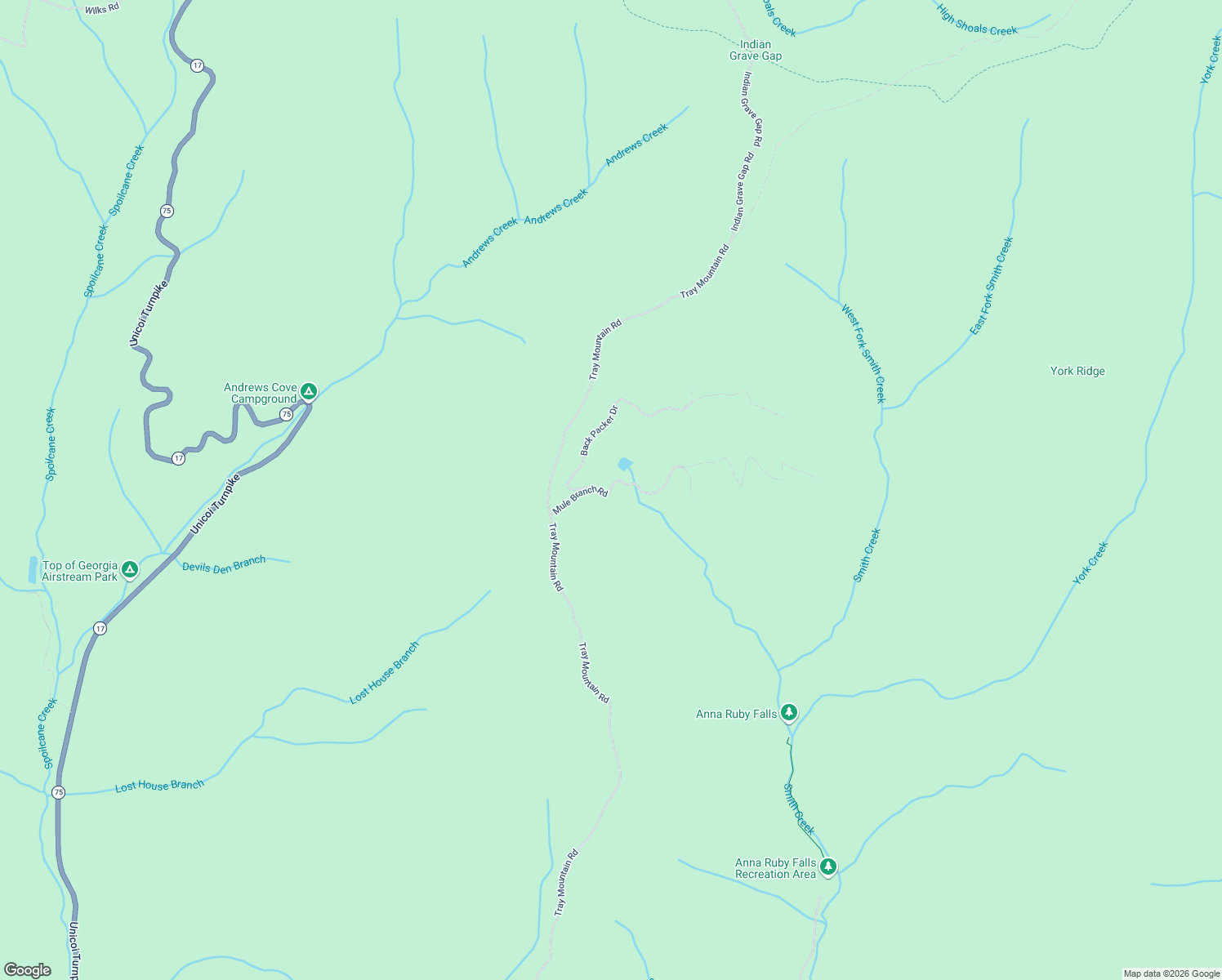 map of restaurants, bars, coffee shops, grocery stores, and more near Mule Branch Road in Sautee Nacoochee